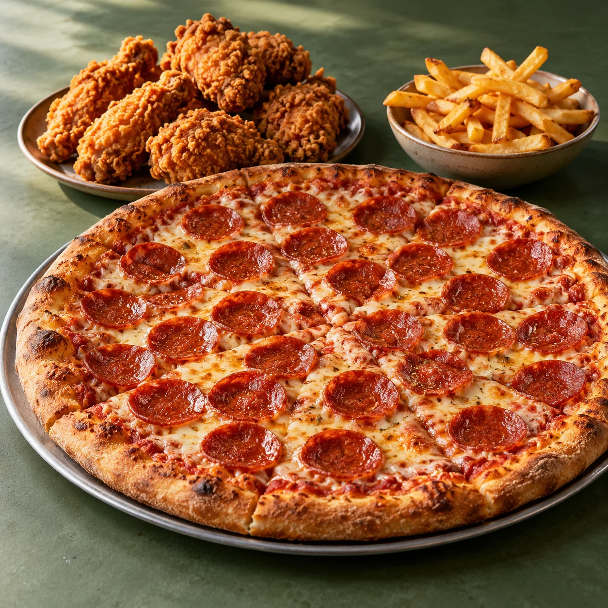 Illustrative photo of pizza and crispy fried chicken